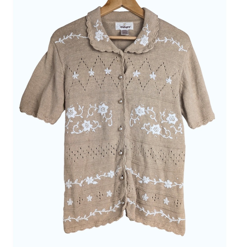 L Vtg Worthington Floral Embroidered Cardigan Short Sleeve Pearl Button Knit